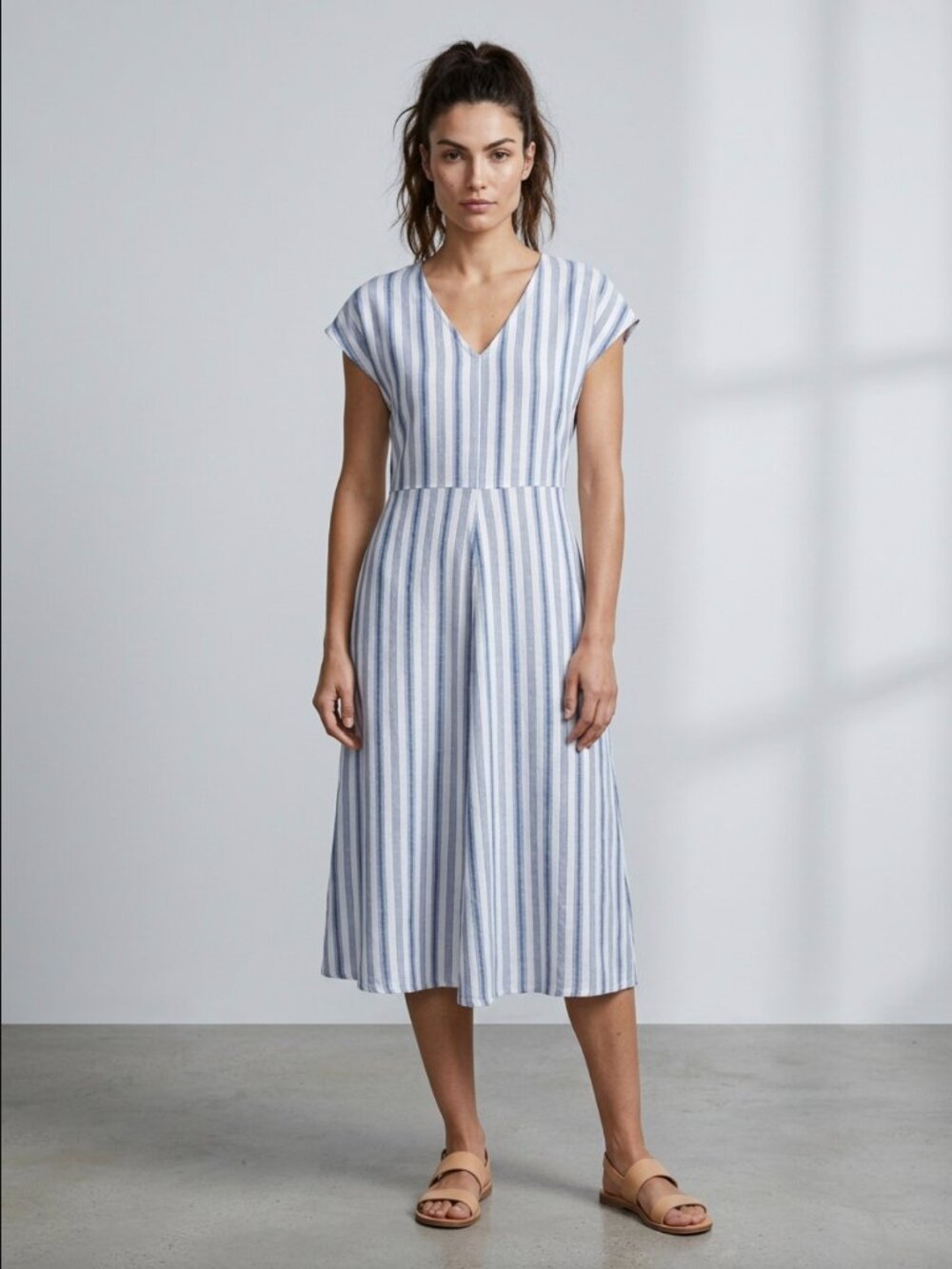 CROFT & BARROW Blue and White Striped Midi Dress Sz S
